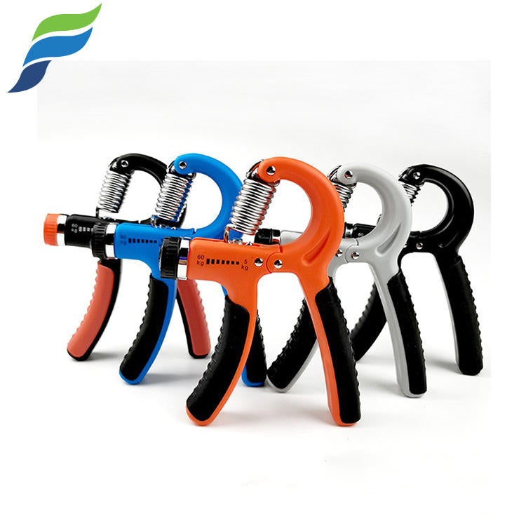Set of four grip strengthener tools in different colors on a white background