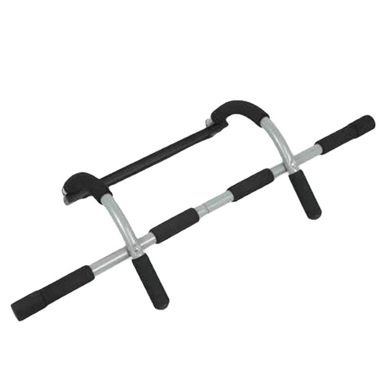 Gym pull-up bar with black handles on a white background