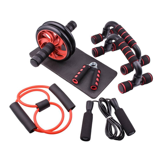 Collection of fitness tools including an ab roller, resistance bands, and jump rope on a white background.