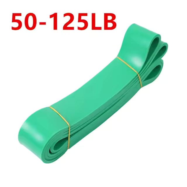 Green resistance band with weight capacity text on a white background