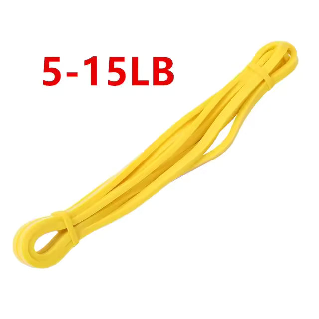 Yellow resistance band with weight range '5-15LB' text on a white background