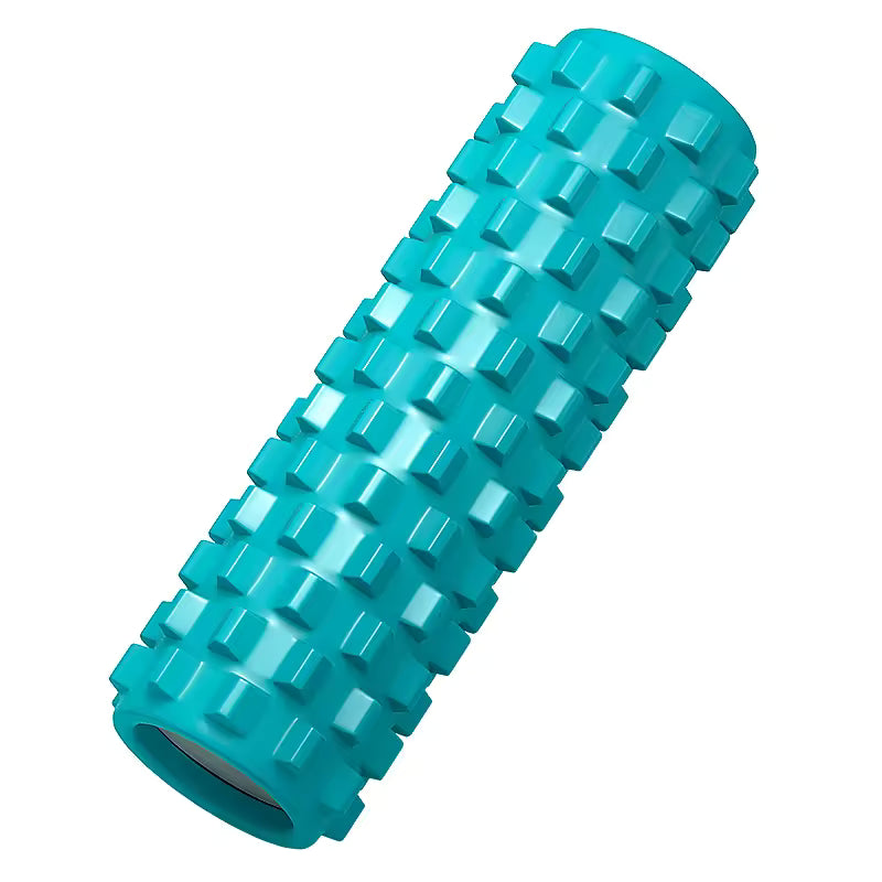 Turquoise foam roller on a white background