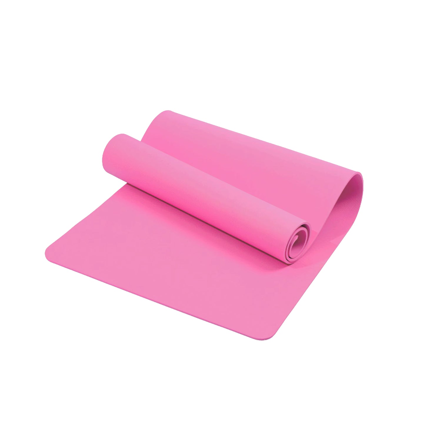 Pink yoga mat rolled up on a white background