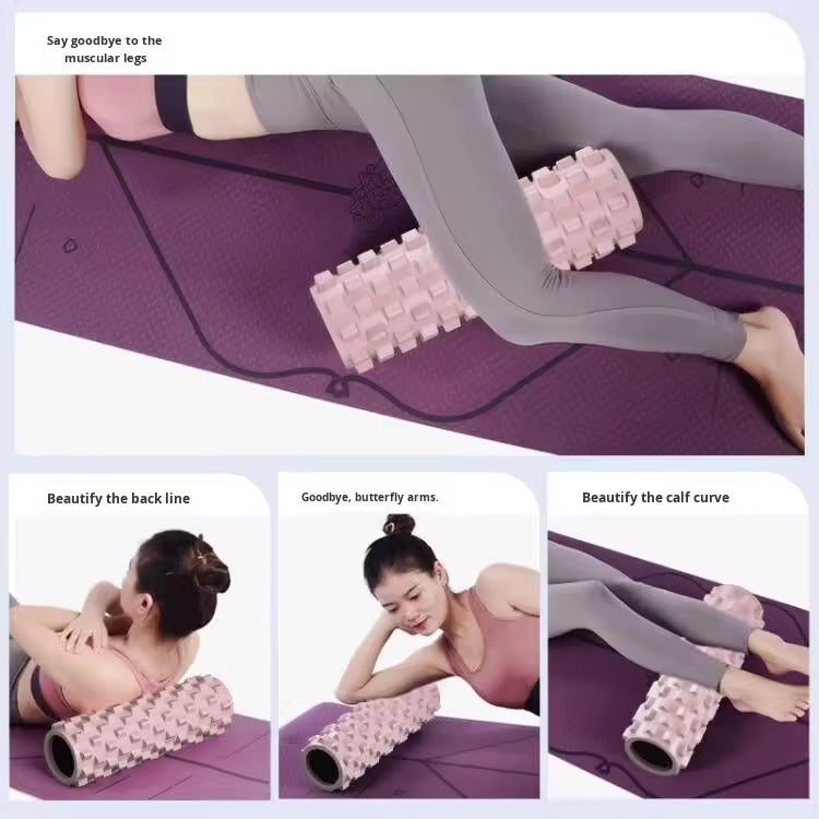 Person using a foam roller on a purple mat with text indicating its benefits.