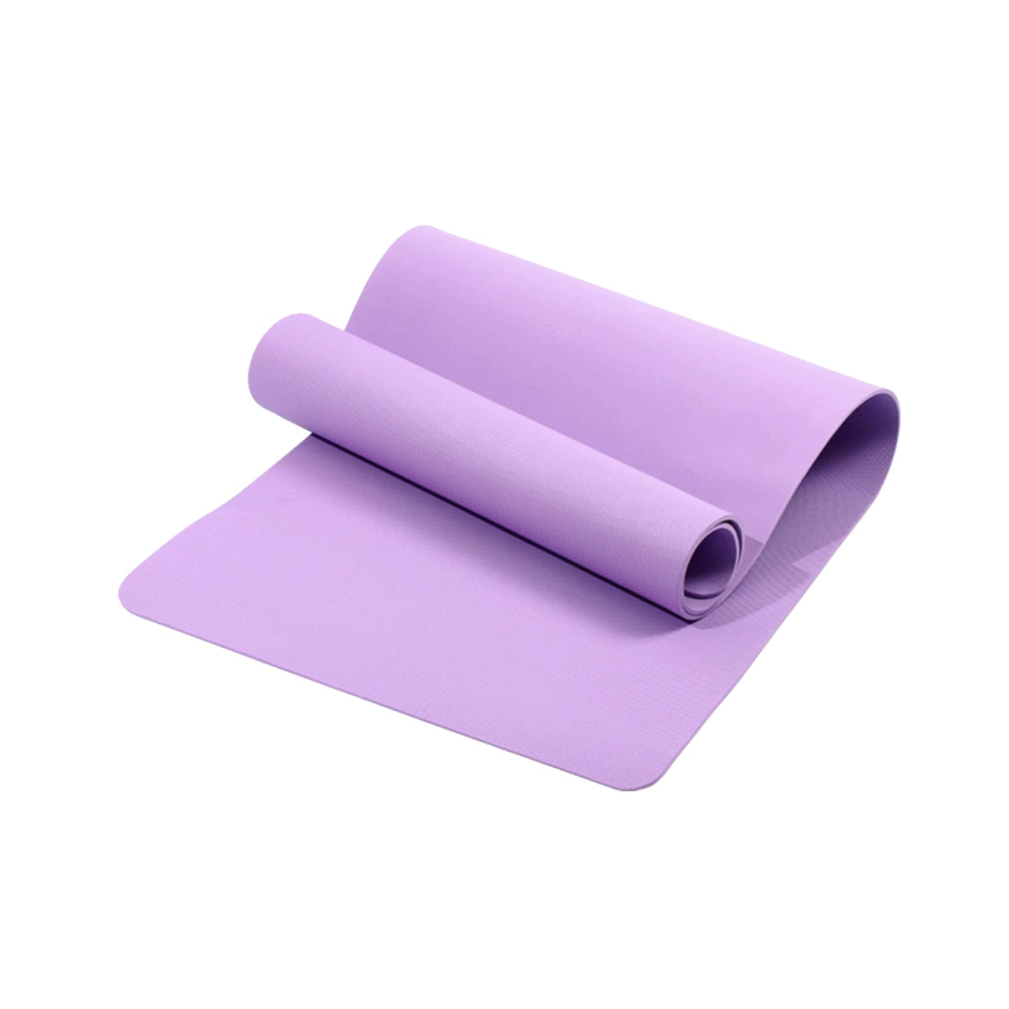 Purple yoga mat rolled up on a white background