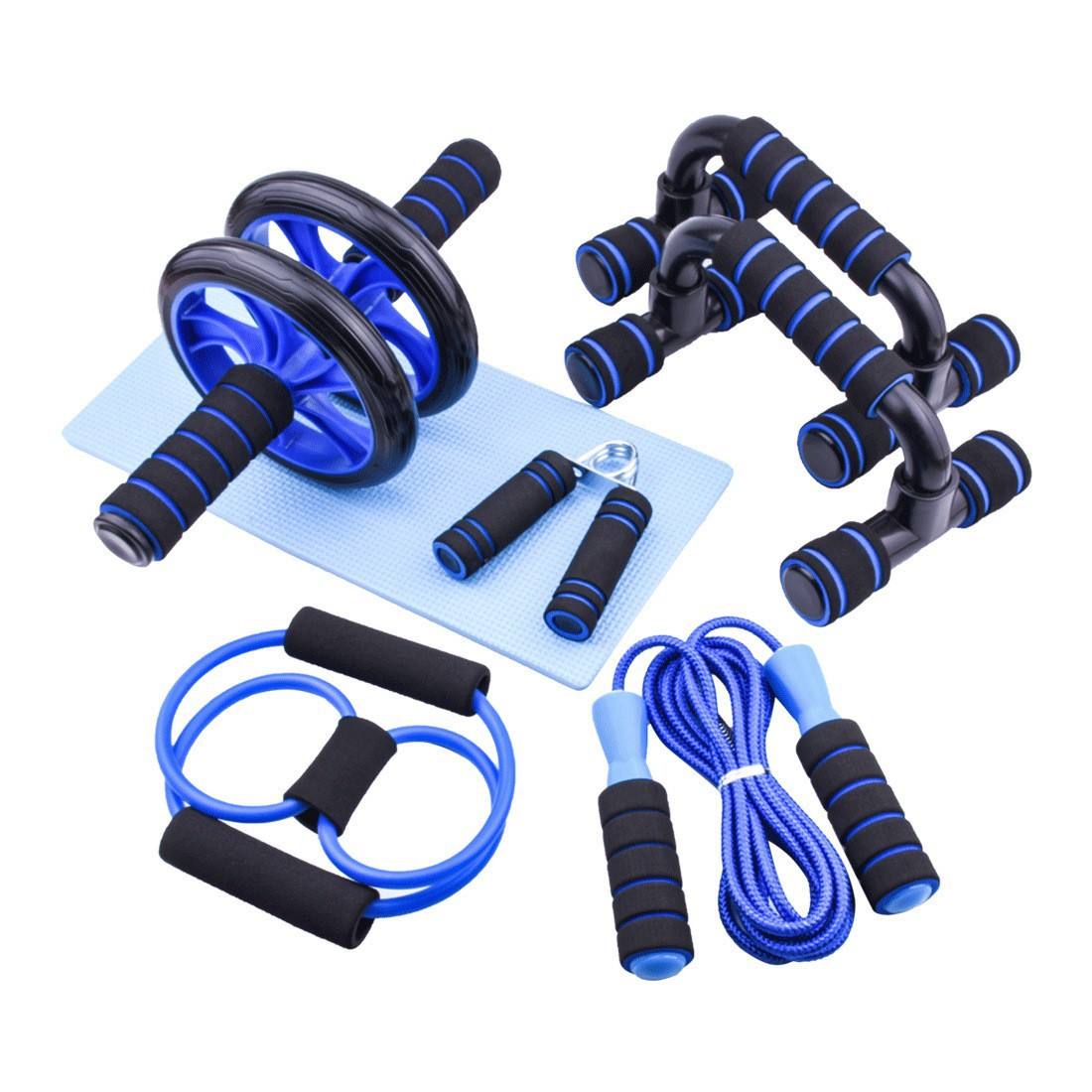 Collection of exercise tools including ab roller, push-up bars, resistance bands, and jump rope on a white background.