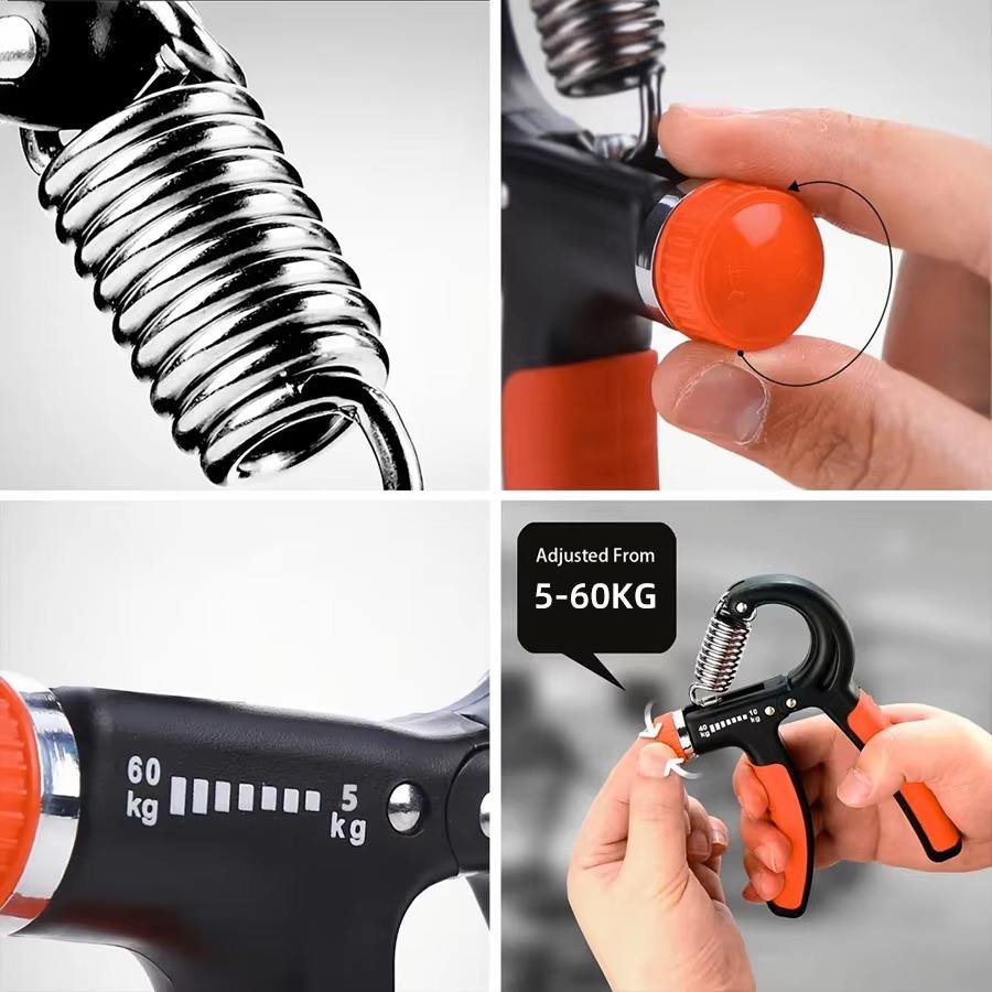 Grip strength trainer with adjustable resistance, close-up details, and usage demonstration.