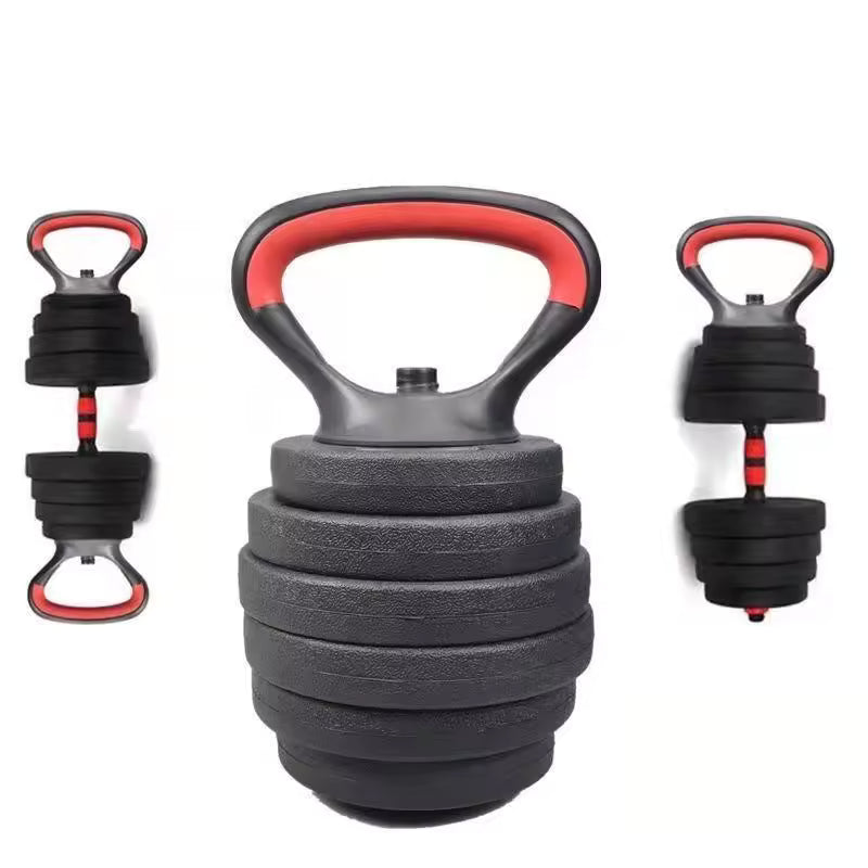Set of adjustable kettlebells with red handles on a white background