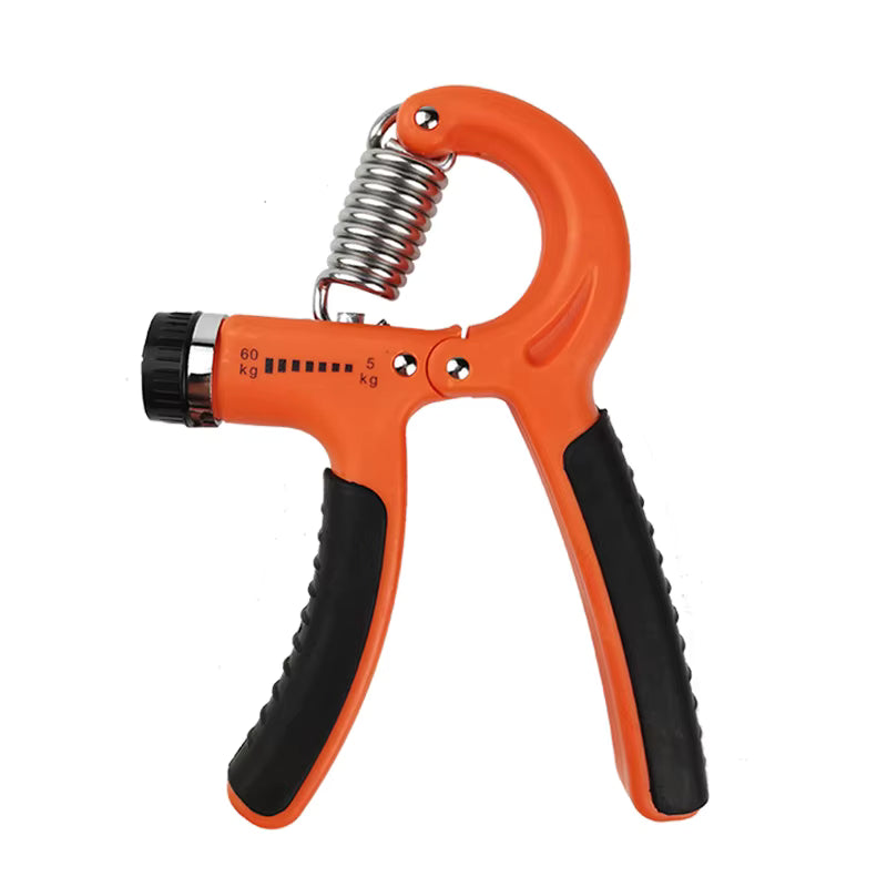 Orange hand grip strengthener on a white background
