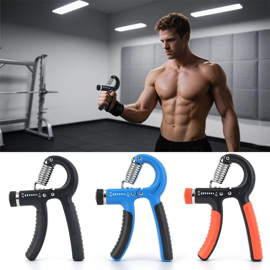 Man exercising with a grip strengthener in a gym setting, followed by three different grip strengtheners on a white background.