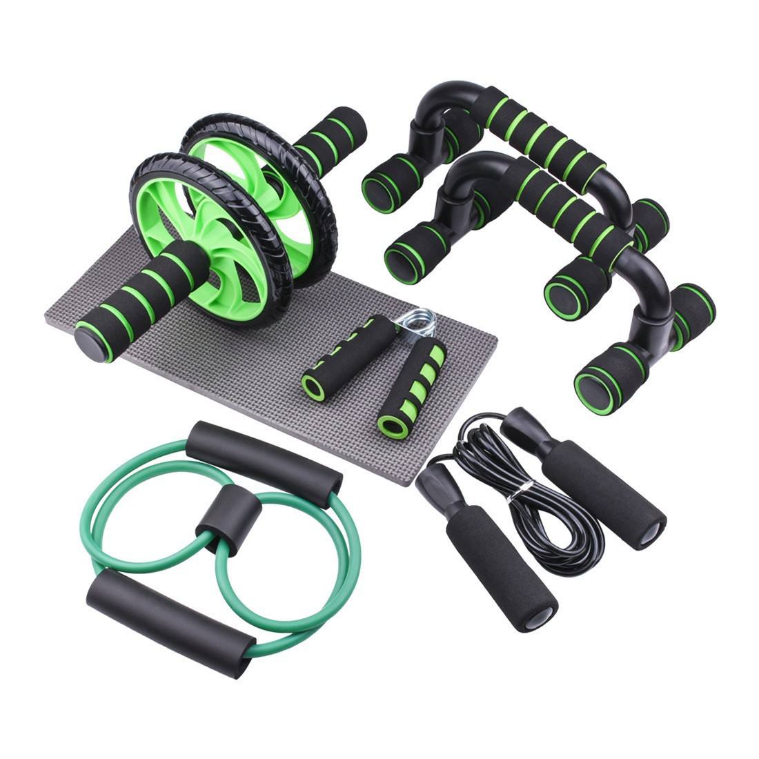 Green set of abs workout machines on white background