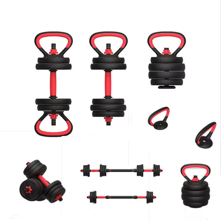 Set of black and red dumbbells and kettlebells on a white background