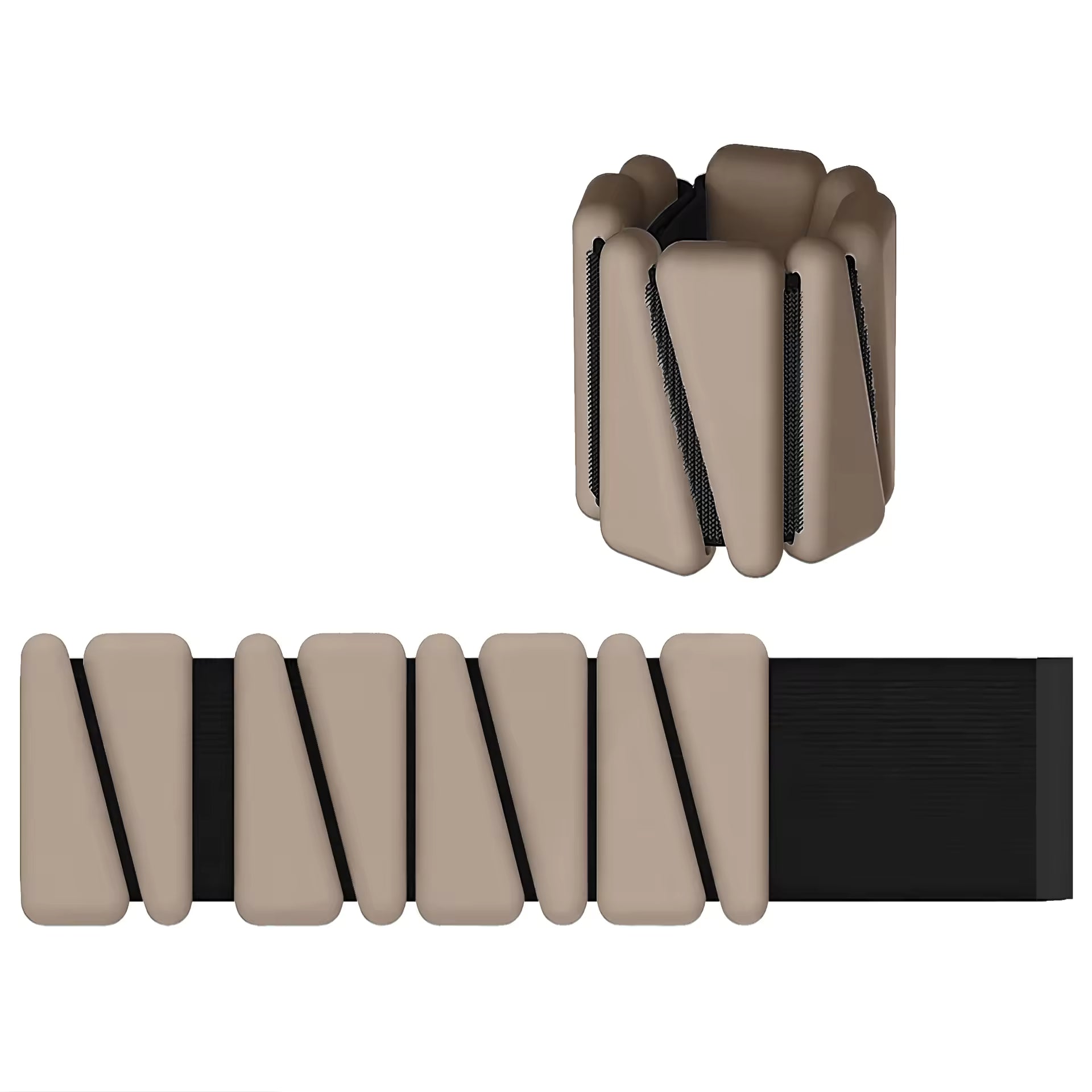 Beige ankle and wrists weights with black webbing on a white background