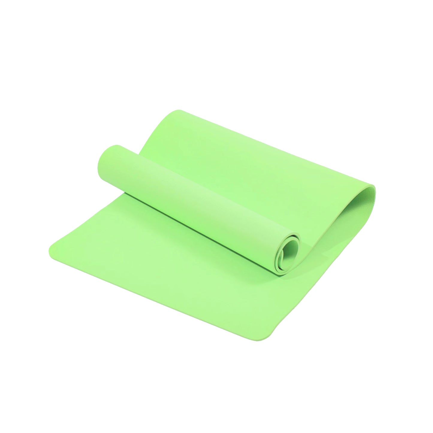 Green yoga mat rolled up on a white background