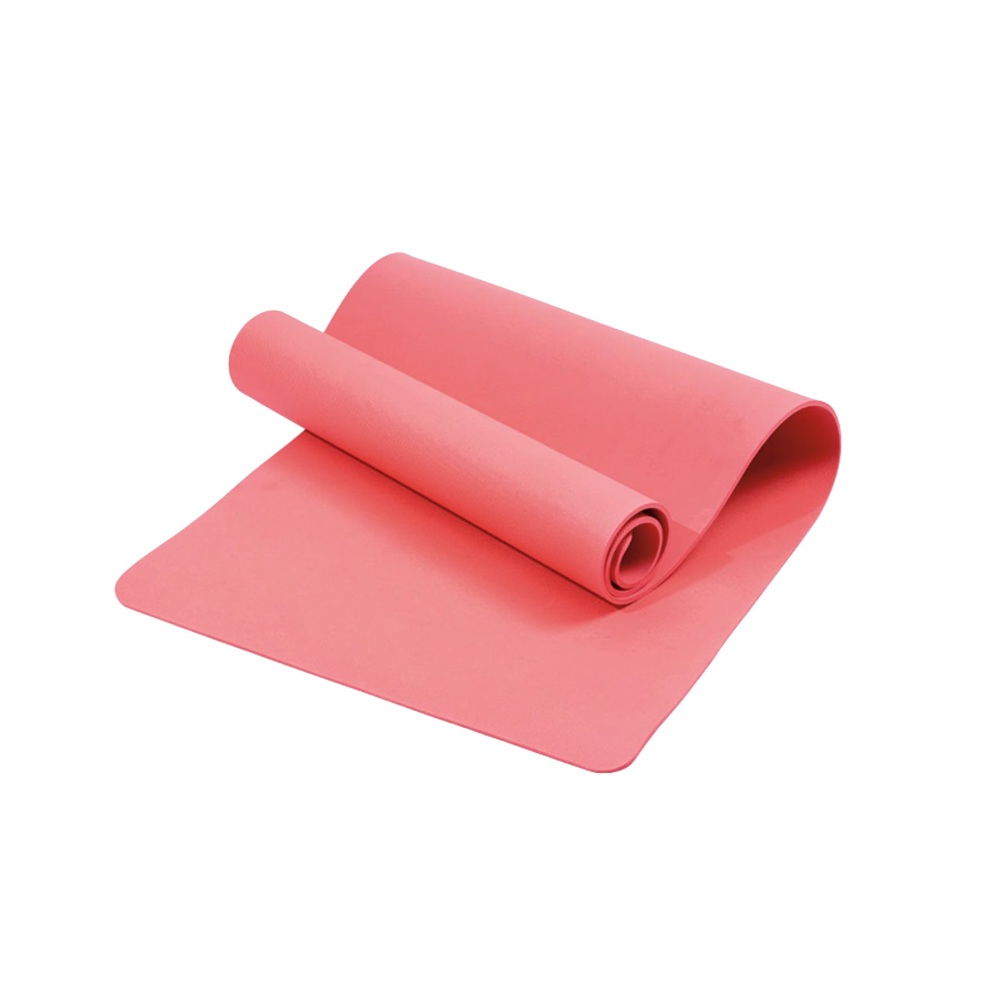 Pink yoga mat rolled up on a white background