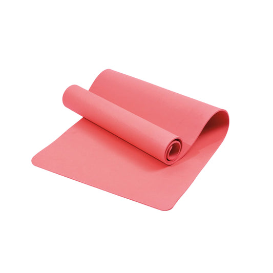 Pink yoga mat rolled up on a white background